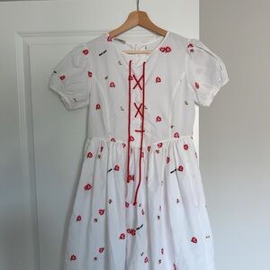 Authentic Miu Miu White Dress with Red Floral Embroidery and Red Lace-Up Front